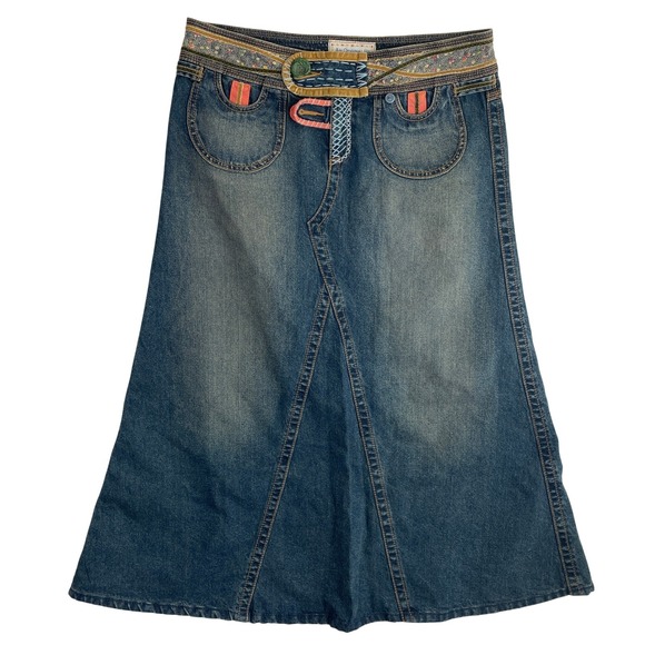 Cabi Denim Maxi Skirt Boho Patchwork Waistband Long Jean Skirt Women's Size 6 - Picture 1 of 7